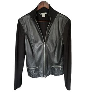 NEW Cupio Black Leather Jacket Size M Leather & Silk Blend Mixed Media Jacket